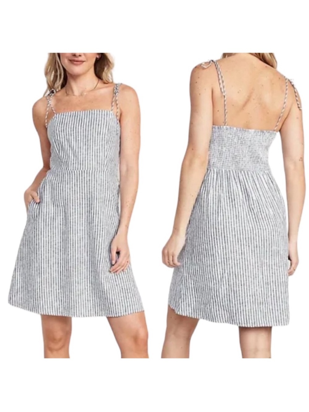 Old Navy Blue and White Striped Tie-Shoulder Midi Dress